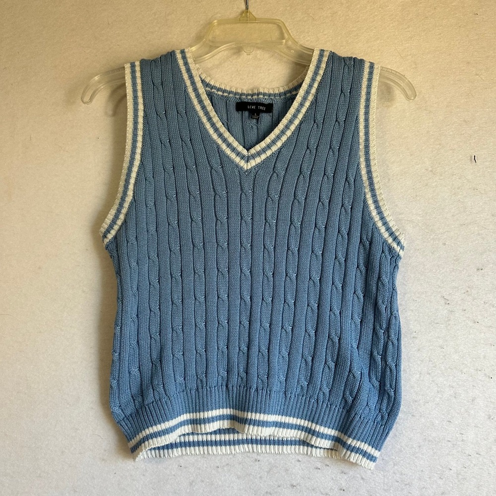 Love Tree Blue Cable Knit Varsity Sweater Vest V-Neck Striped Trim Large 9980WS